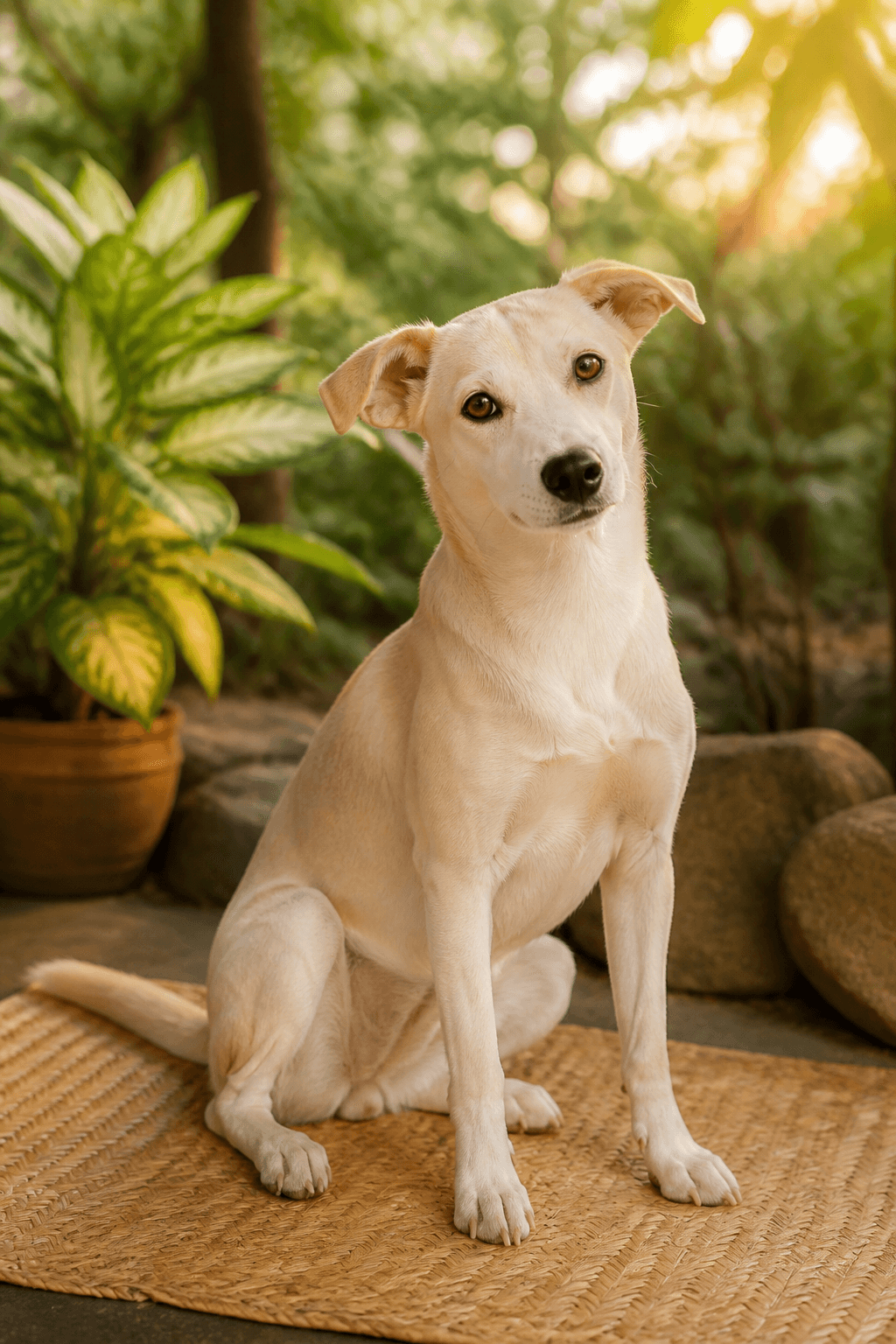 A rescued dog in a garden setting