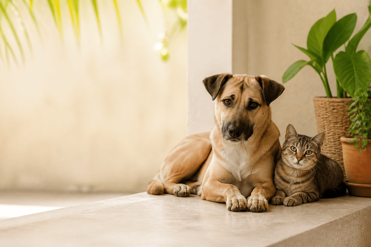 A dog and cat resting together in a safe home